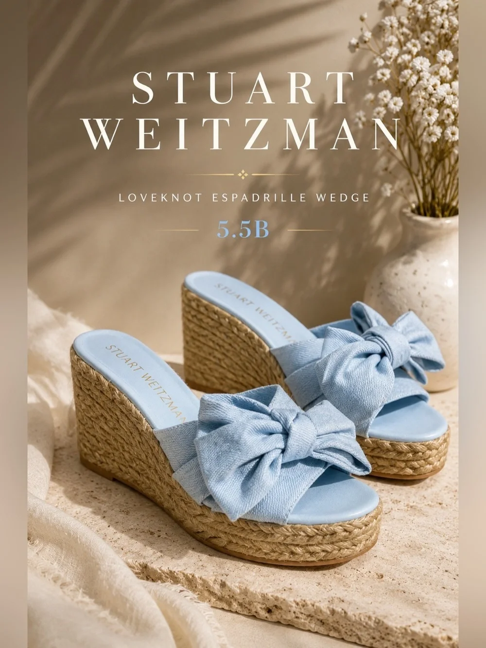 Stuart Weitzman Loveknot Espadrille Wedge Slides Light Blue 5.5B